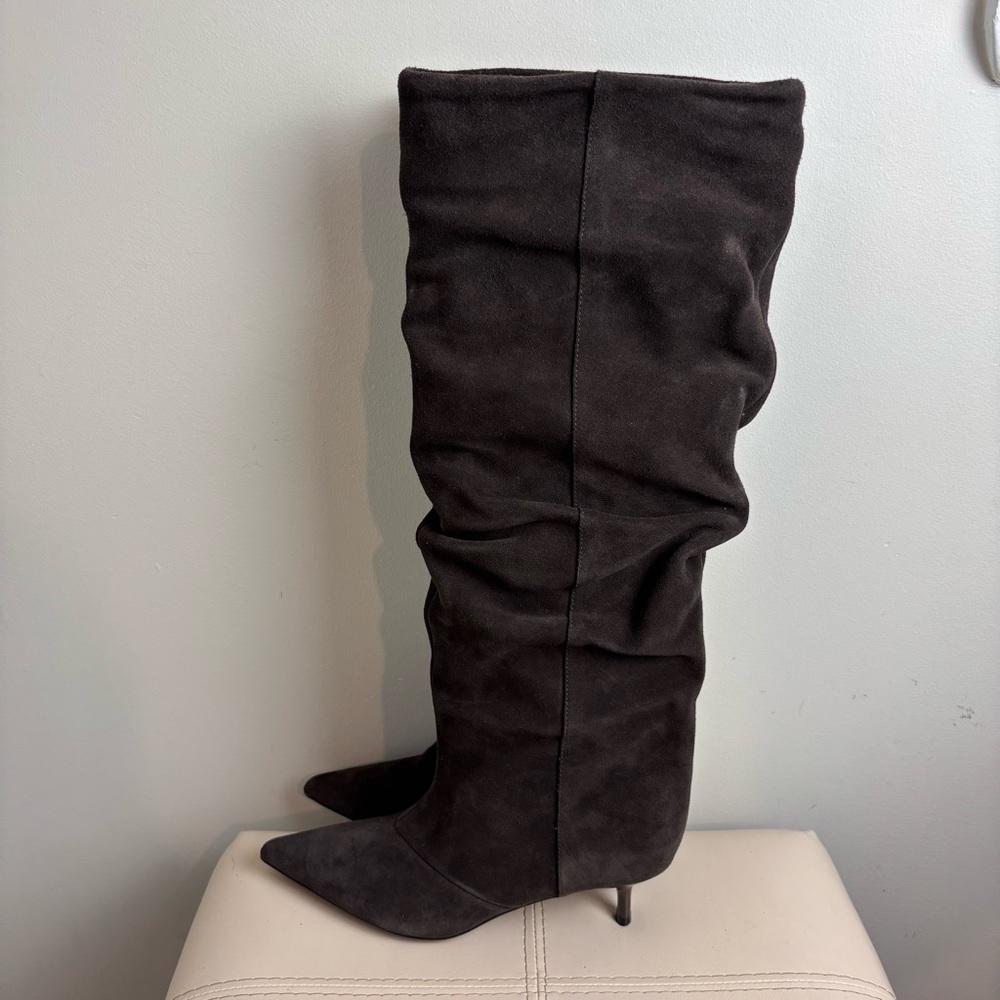 Zara Chocolate Brown Split Suede Slouchy Heeled Boots Size 8 NWT - Picture 3 of 10
